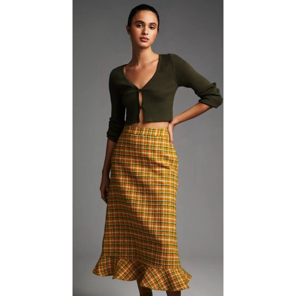 Anthropologie English Factory Midi Skirt Yellow Green Plaid Preppy Small New - Picture 3 of 15